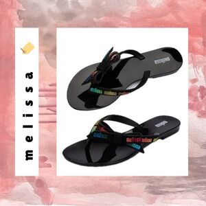 Melissa Black Jelly Flip Flop Sandals with Multicolor Logo Strap